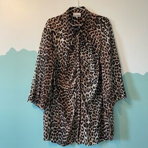 Ganni leopard sz 44 (US12) semi-sheer mini shirt dress tunic with pointed collar